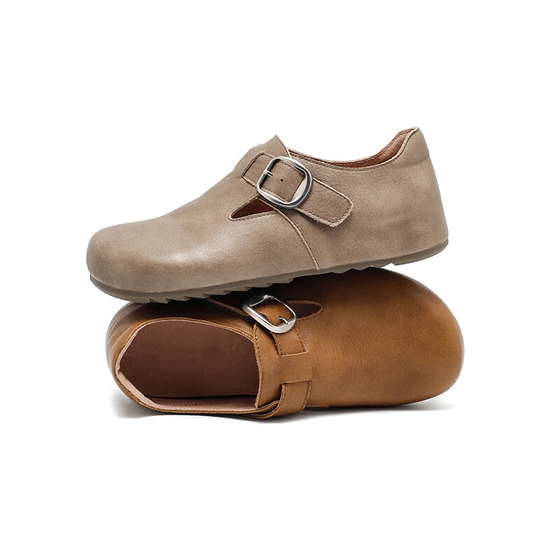 Dwarves Handmade Yak Leather T-strap Mary Jane Flats Casual Shoes for Women in Dark Khaki/Grey