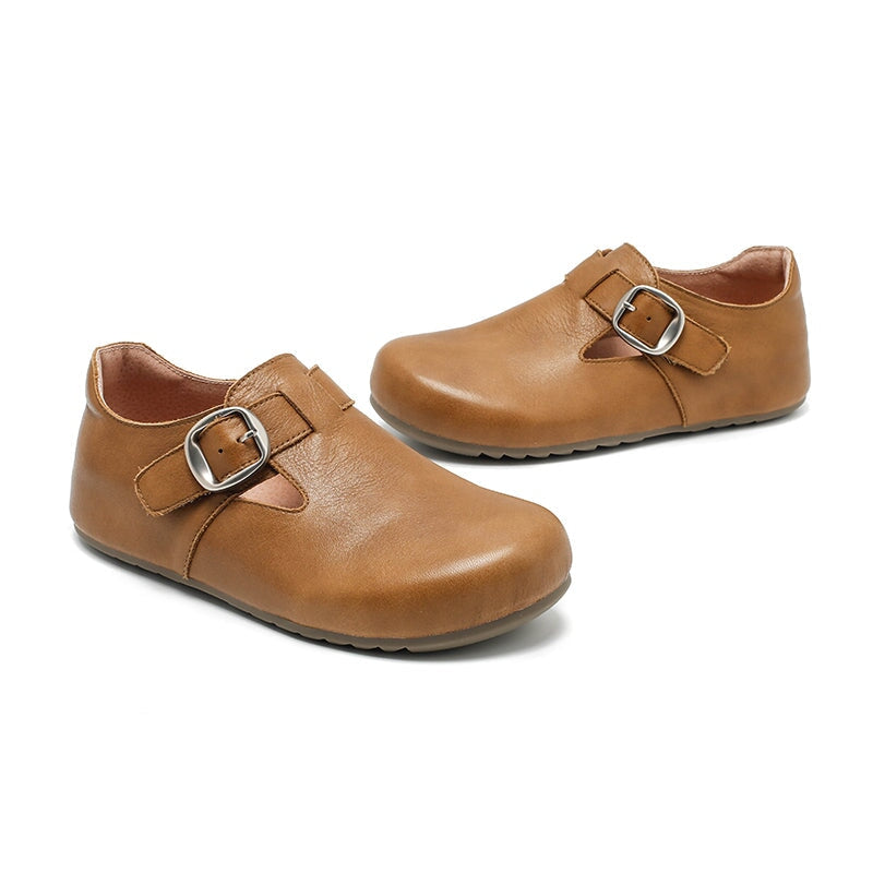 Dwarves Handmade Yak Leather T-strap Mary Jane Flats Casual Shoes for Women in Dark Khaki/Grey