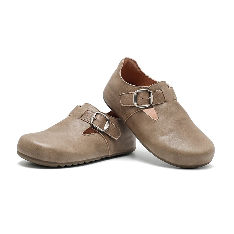 Dwarves Handmade Yak Leather T-strap Mary Jane Flats Casual Shoes for Women in Dark Khaki/Grey