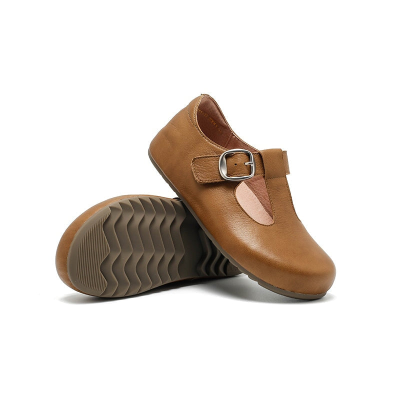 Dwarves Handmade Yak Leather T-straps Mary Jane Flats for Women in Dark Khaki/Grey