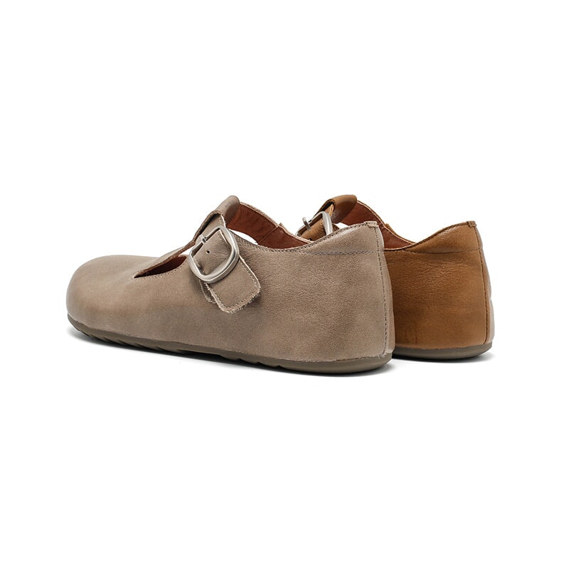 Dwarves Handmade Yak Leather T-straps Mary Jane Flats for Women in Dark Khaki/Grey