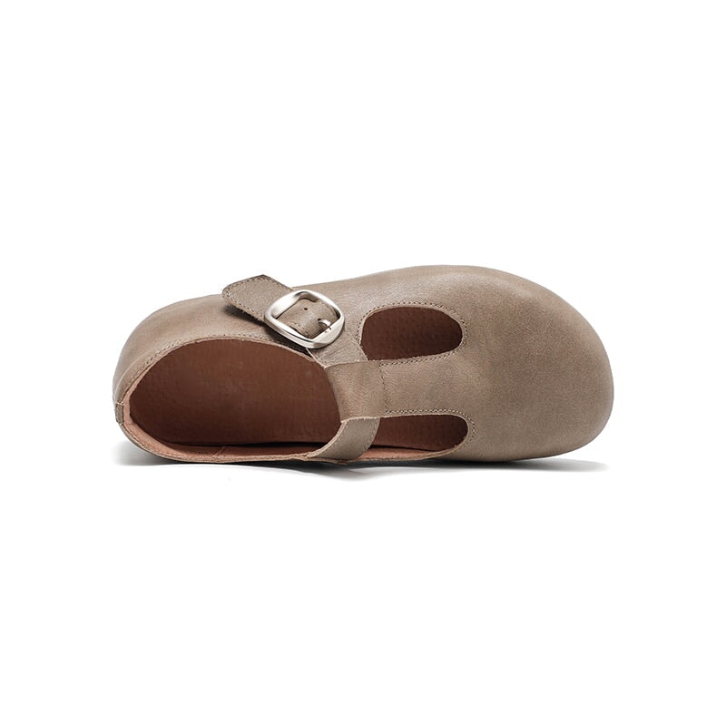 Dwarves Handmade Yak Leather T-straps Mary Jane Flats for Women in Dark Khaki/Grey