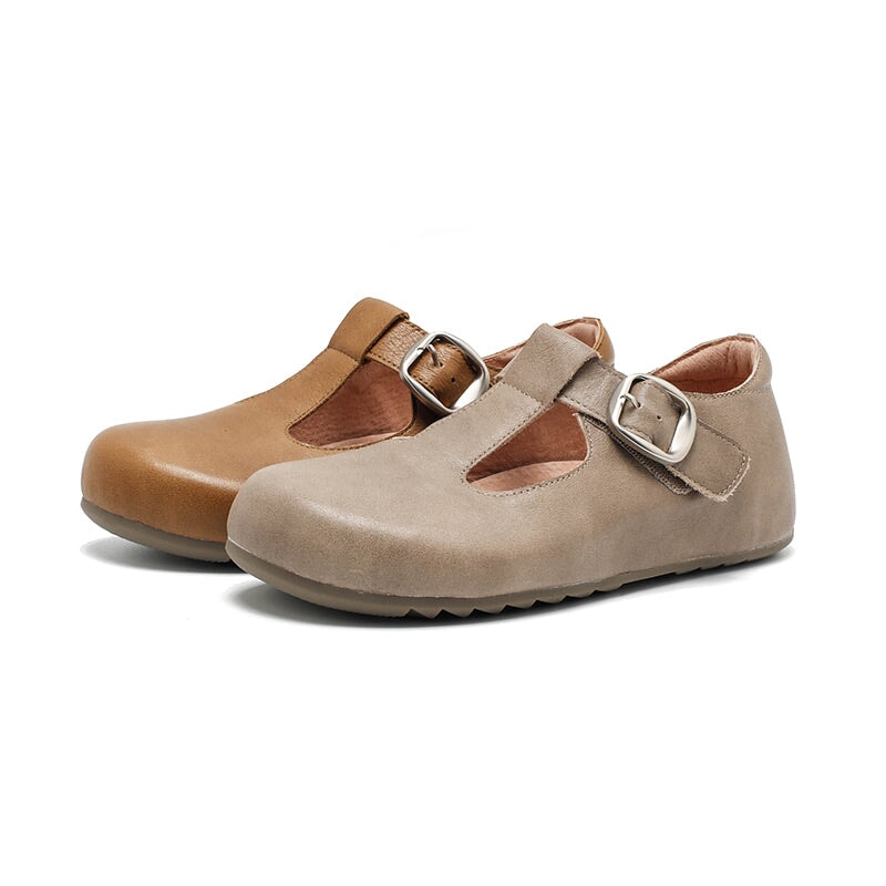 Dwarves Handmade Yak Leather T-straps Mary Jane Flats for Women in Dark Khaki/Grey