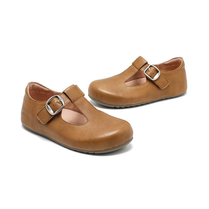 Dwarves Handmade Yak Leather T-straps Mary Jane Flats for Women in Dark Khaki/Grey