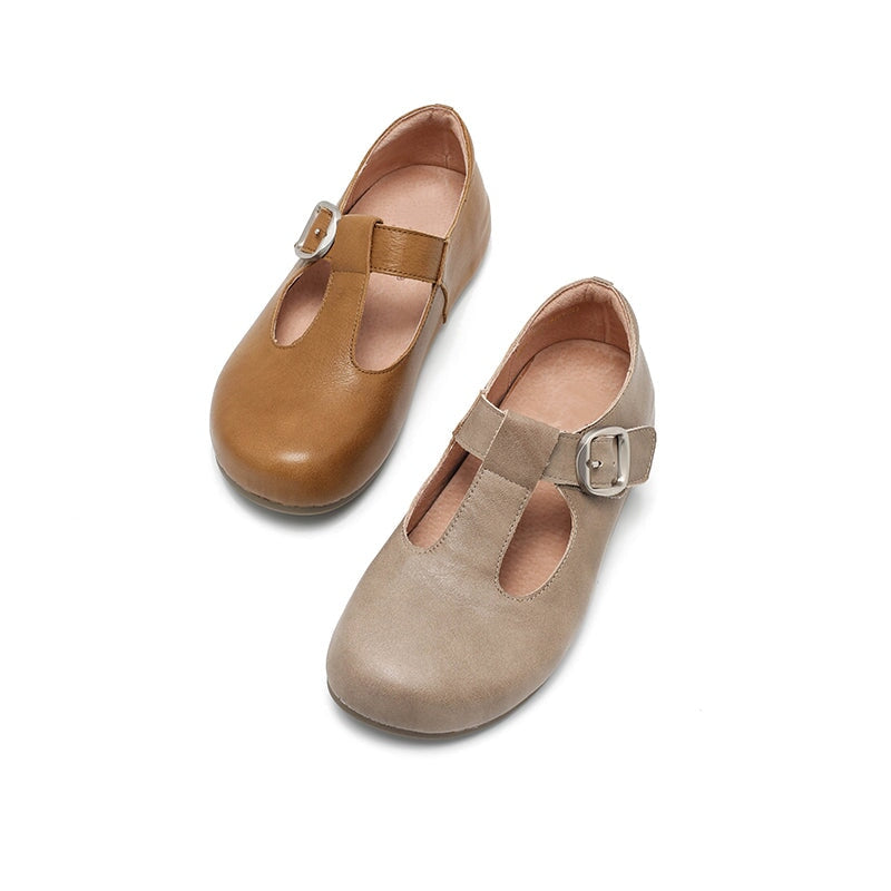 Dwarves Handmade Yak Leather T-straps Mary Jane Flats for Women in Dark Khaki/Grey