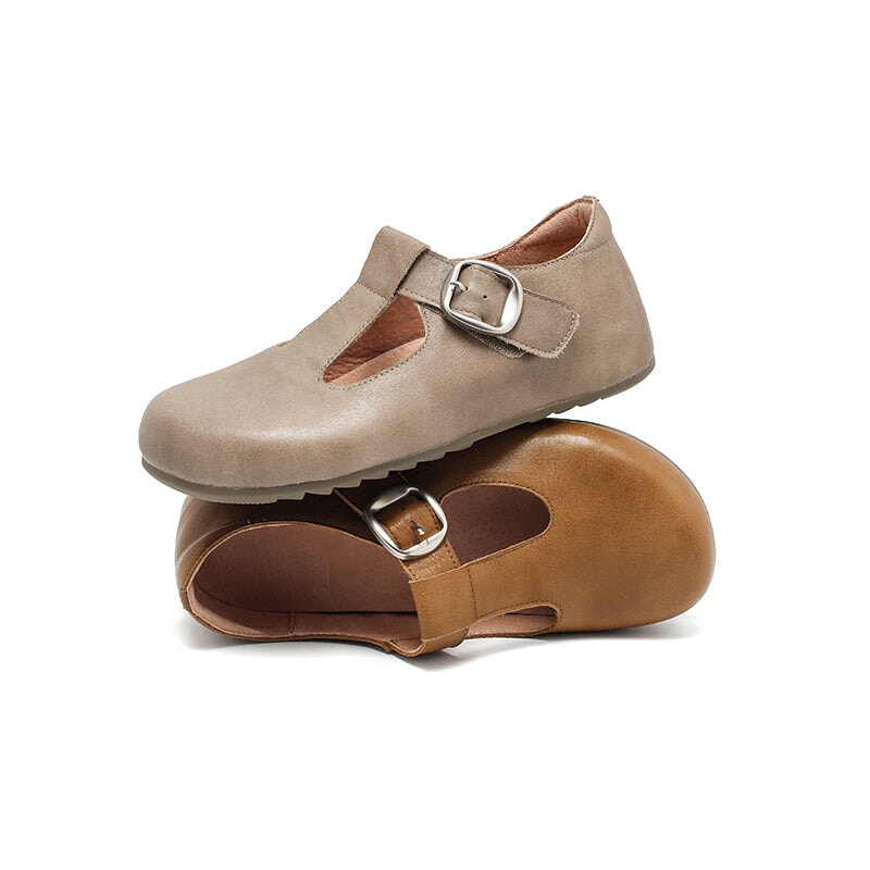 Dwarves Handmade Yak Leather T-straps Mary Jane Flats for Women in Dark Khaki/Grey