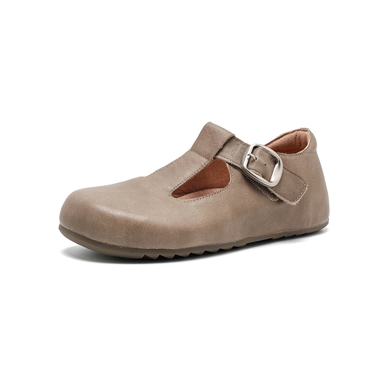 Dwarves Handmade Yak Leather T-straps Mary Jane Flats for Women in Dark Khaki/Grey