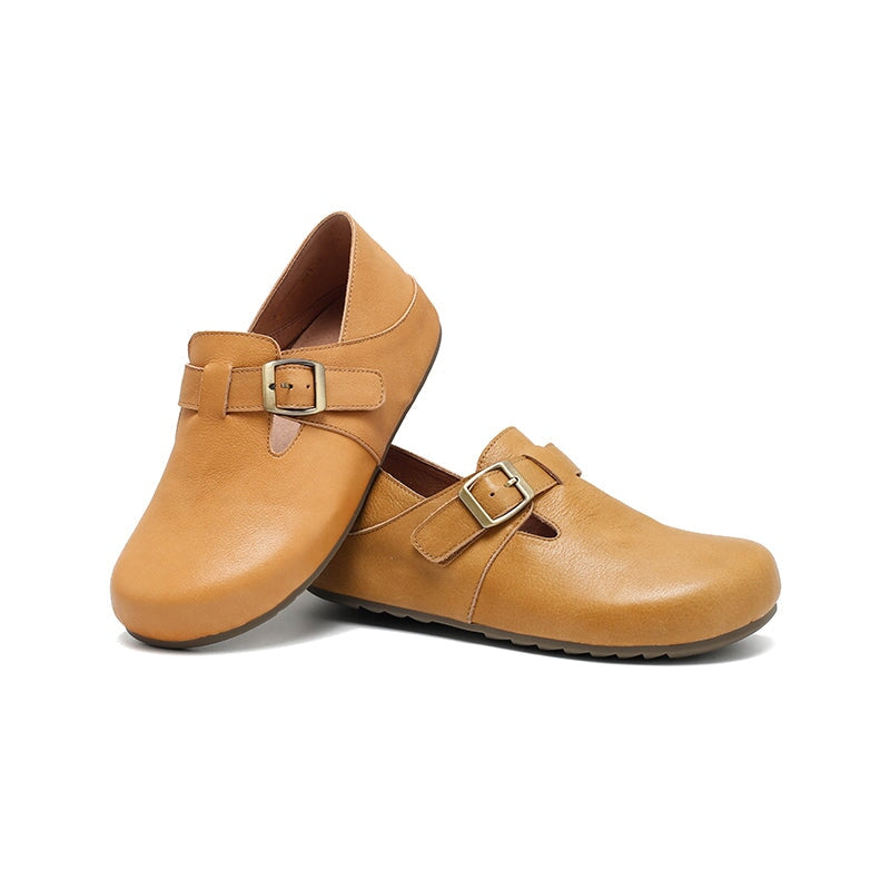 Dwarves Handmade Yak Leather T-straps Mary Jane Flats for Women in Light Khaki/Yellow Brown