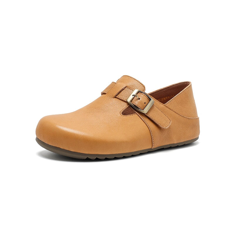 Dwarves Handmade Yak Leather T-straps Mary Jane Flats for Women in Light Khaki/Yellow Brown