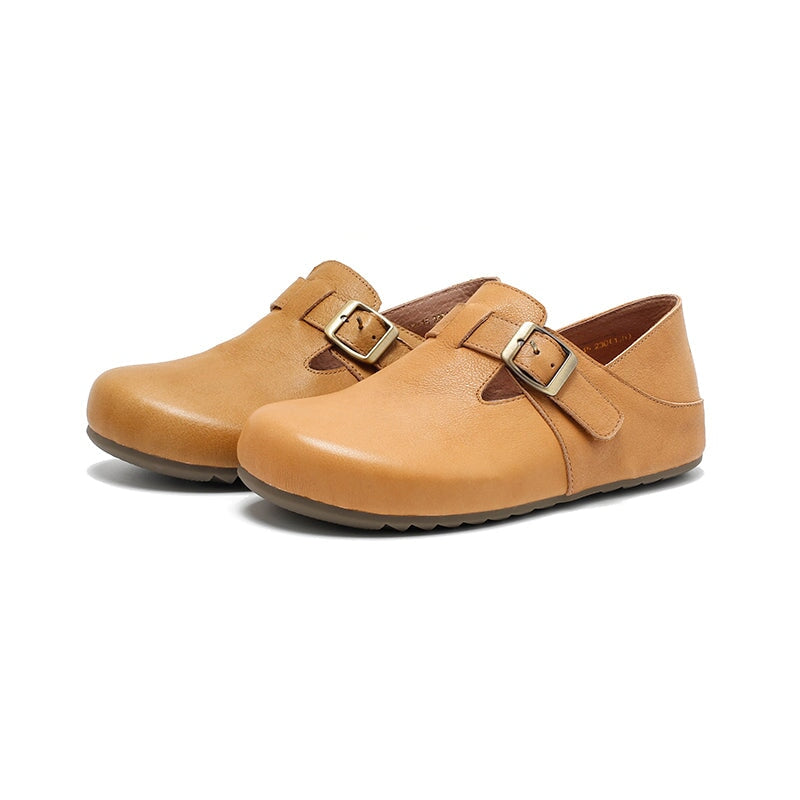 Dwarves Handmade Yak Leather T-straps Mary Jane Flats for Women in Light Khaki/Yellow Brown