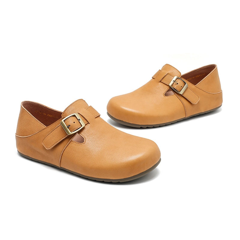 Dwarves Handmade Yak Leather T-straps Mary Jane Flats for Women in Light Khaki/Yellow Brown
