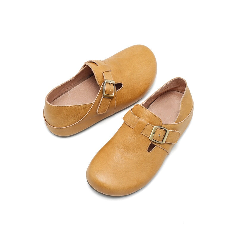 Dwarves Handmade Yak Leather T-straps Mary Jane Flats for Women in Light Khaki/Yellow Brown