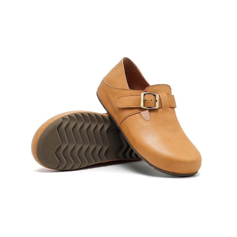 Dwarves Handmade Yak Leather T-straps Mary Jane Flats for Women in Light Khaki/Yellow Brown