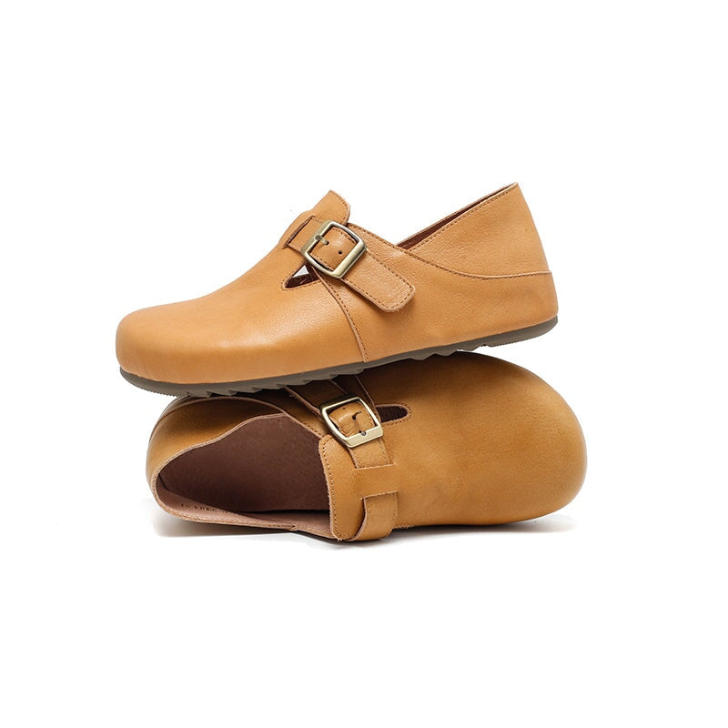 Dwarves Handmade Yak Leather T-straps Mary Jane Flats for Women in Light Khaki/Yellow Brown