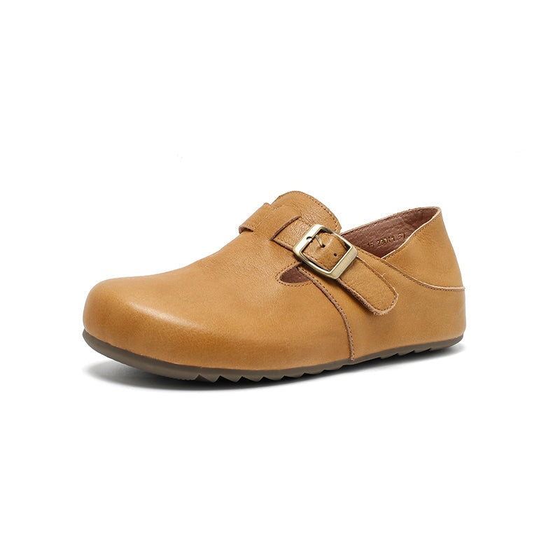 Dwarves Handmade Yak Leather T-straps Mary Jane Flats for Women in Light Khaki/Yellow Brown