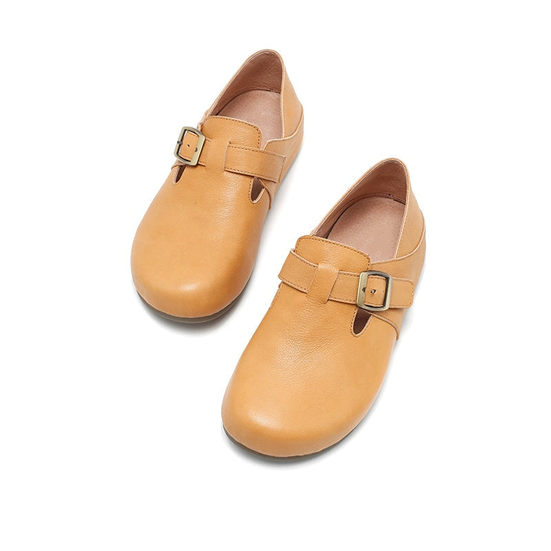 Dwarves Handmade Yak Leather T-straps Mary Jane Flats for Women in Light Khaki/Yellow Brown