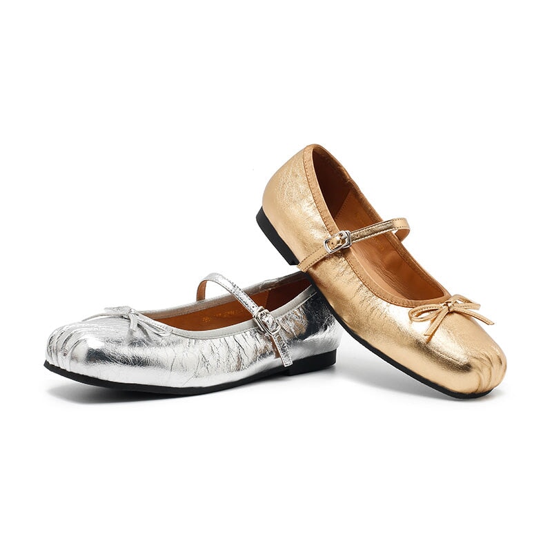Dwarves Leather Bow Mary Jane Ballet Flats Square Toe Elegant Shoes for Women in 4 Colors
