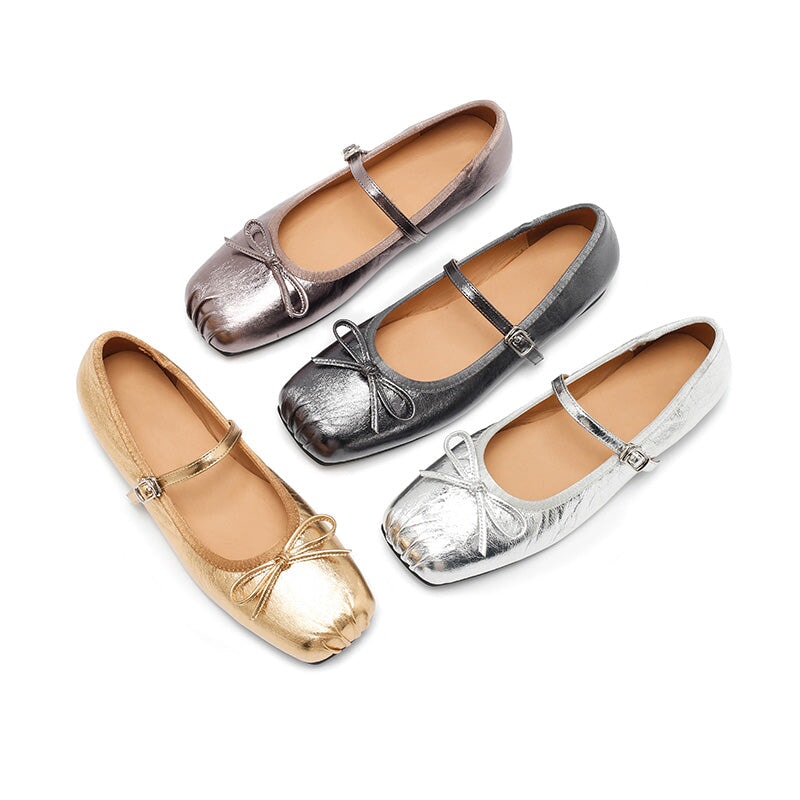 Dwarves Leather Bow Mary Jane Ballet Flats Square Toe Elegant Shoes for Women in 4 Colors