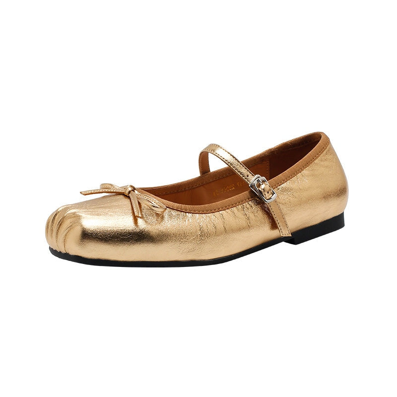 Dwarves Leather Bow Mary Jane Ballet Flats Square Toe Elegant Shoes for Women in 4 Colors