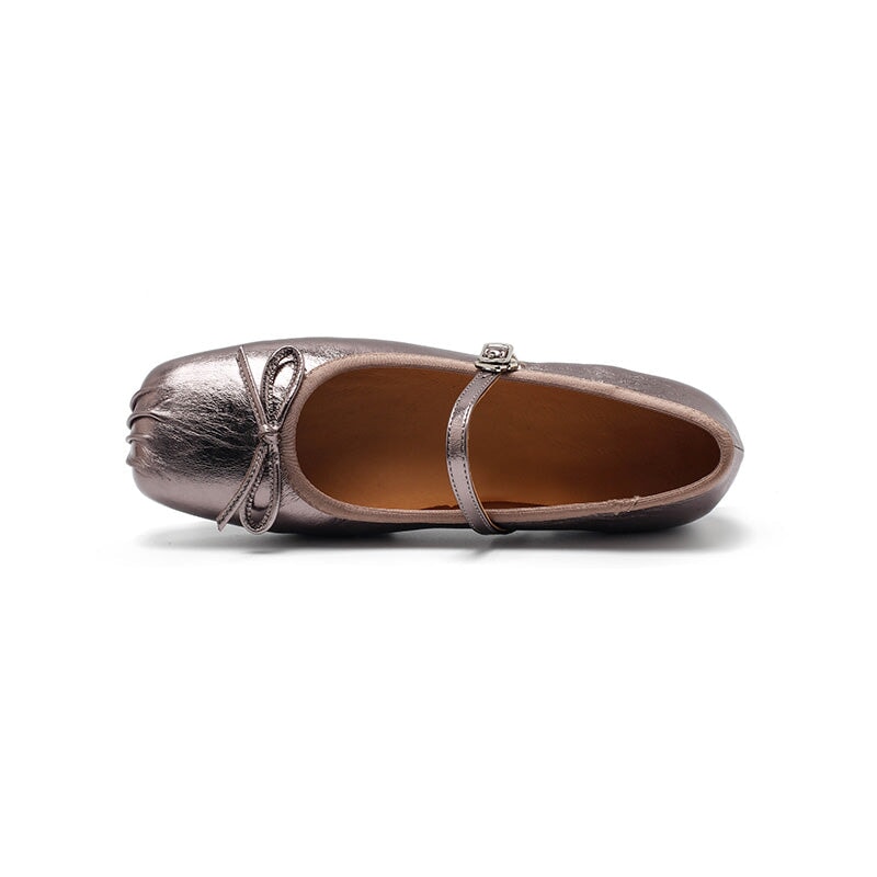 Dwarves Leather Bow Mary Jane Ballet Flats Square Toe Elegant Shoes for Women in 4 Colors