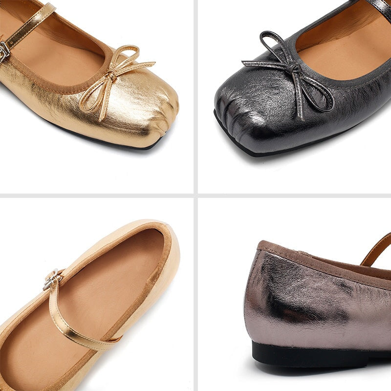 Dwarves Leather Bow Mary Jane Ballet Flats Square Toe Elegant Shoes for Women in 4 Colors