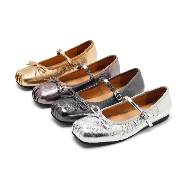 Dwarves Leather Bow Mary Jane Ballet Flats Square Toe Elegant Shoes for Women in 4 Colors