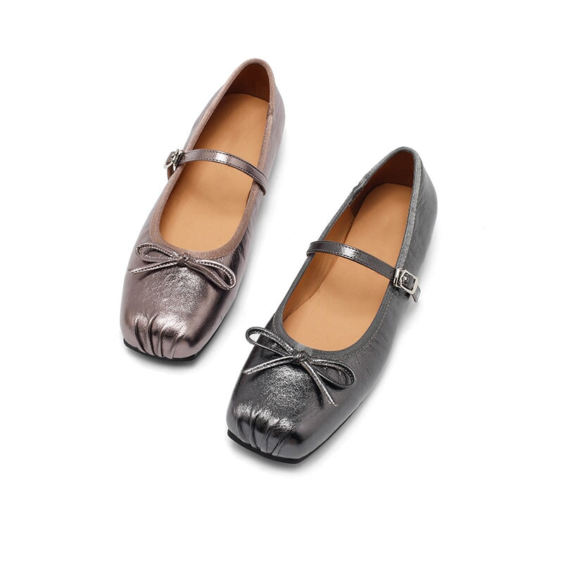 Dwarves Leather Bow Mary Jane Ballet Flats Square Toe Elegant Shoes for Women in 4 Colors