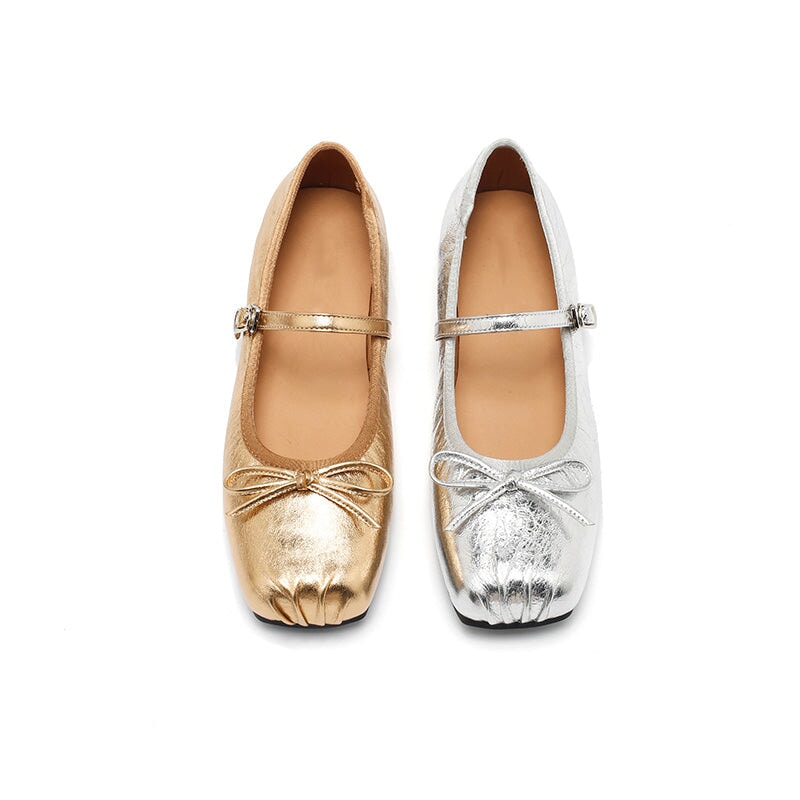Dwarves Leather Bow Mary Jane Ballet Flats Square Toe Elegant Shoes for Women in 4 Colors