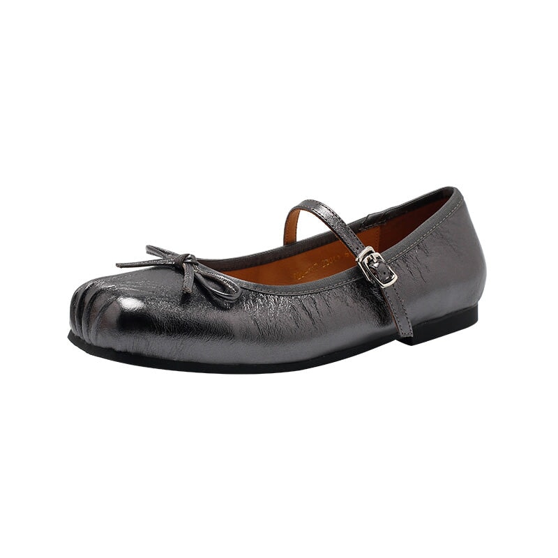 Dwarves Leather Bow Mary Jane Ballet Flats Square Toe Elegant Shoes for Women in 4 Colors