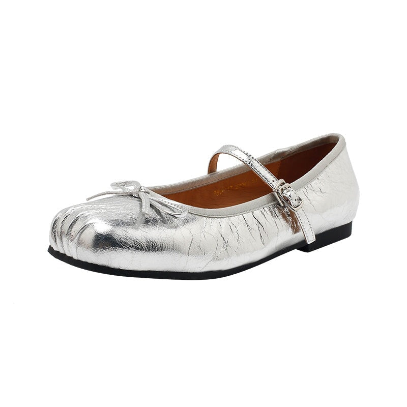 Dwarves Leather Bow Mary Jane Ballet Flats Square Toe Elegant Shoes for Women in 4 Colors