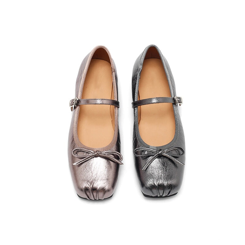 Dwarves Leather Bow Mary Jane Ballet Flats Square Toe Elegant Shoes for Women in 4 Colors