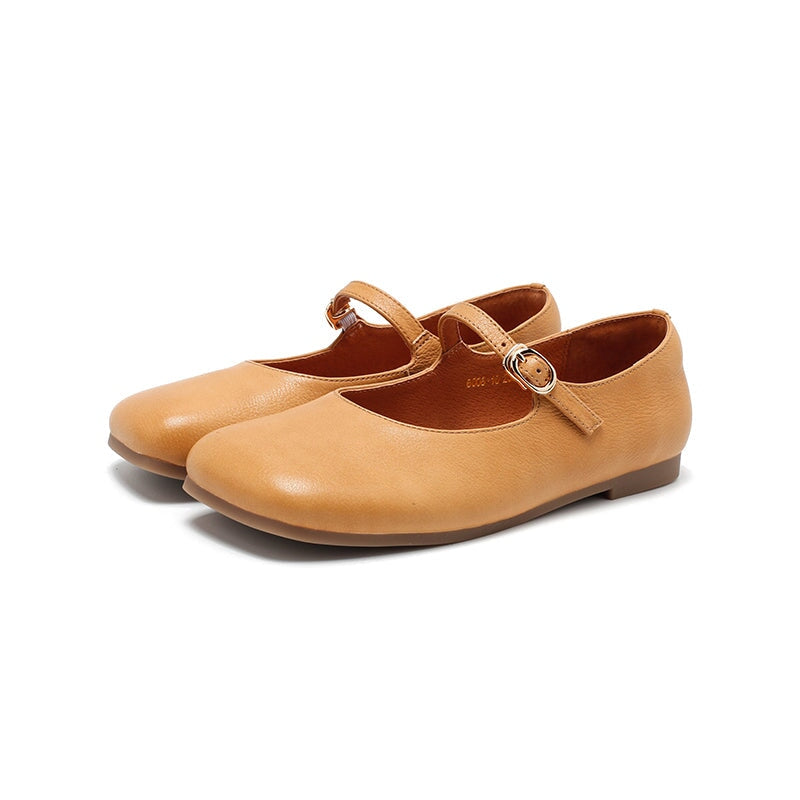 Dwarves Leather Mary Jane Ballet Flats for Women in Khaki/Black/Yellow Brown