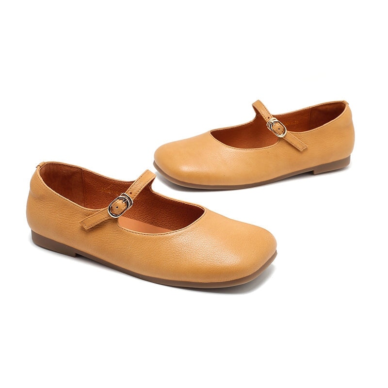 Dwarves Leather Mary Jane Ballet Flats for Women in Khaki/Black/Yellow Brown