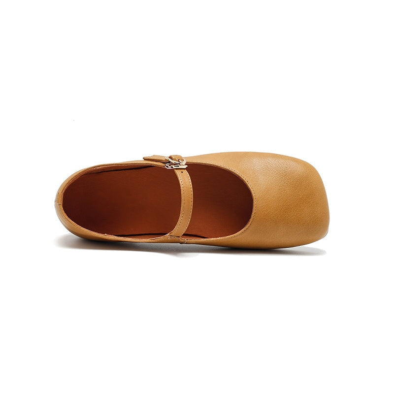 Dwarves Leather Mary Jane Ballet Flats for Women in Khaki/Black/Yellow Brown