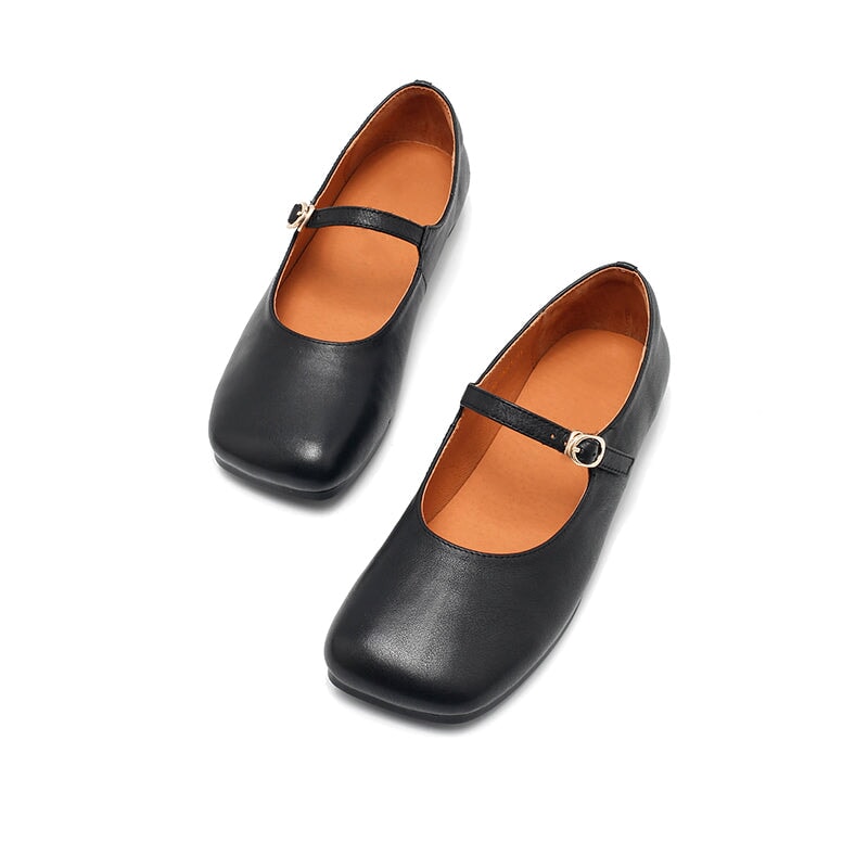 Dwarves Leather Mary Jane Ballet Flats for Women in Khaki/Black/Yellow Brown