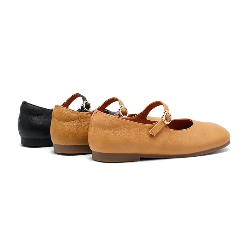 Dwarves Leather Mary Jane Ballet Flats for Women in Khaki/Black/Yellow Brown