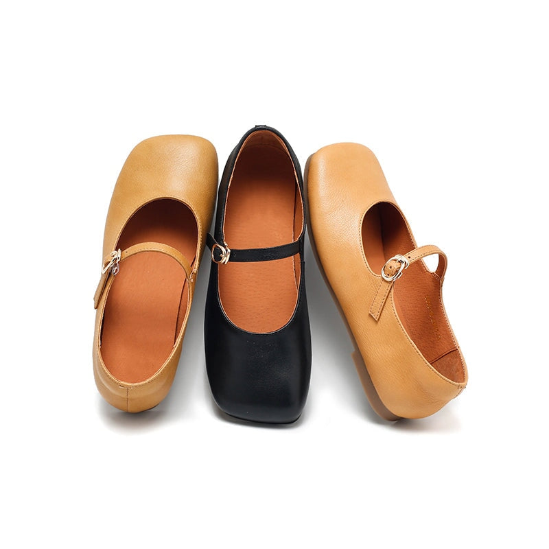 Dwarves Leather Mary Jane Ballet Flats for Women in Khaki/Black/Yellow Brown