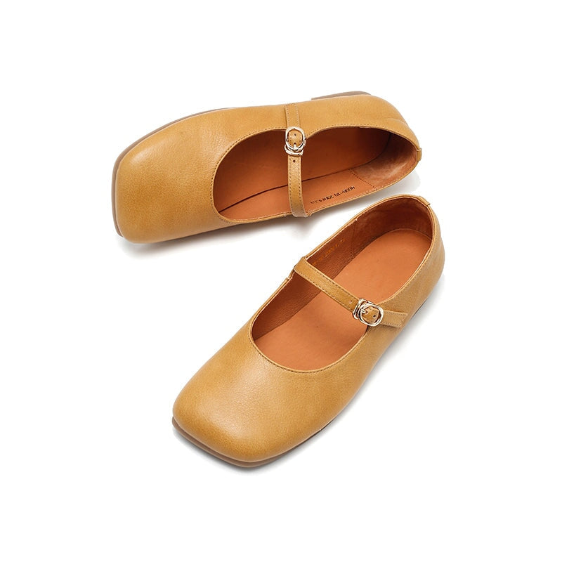 Dwarves Leather Mary Jane Ballet Flats for Women in Khaki/Black/Yellow Brown