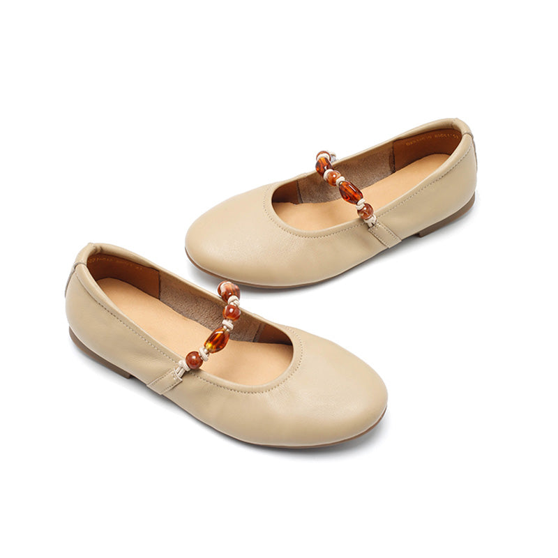 Dwarves Nappa Leather Mary Jane Flats Beaded Strap Almond Toe Ballet Shoes in Black/Light Apricot