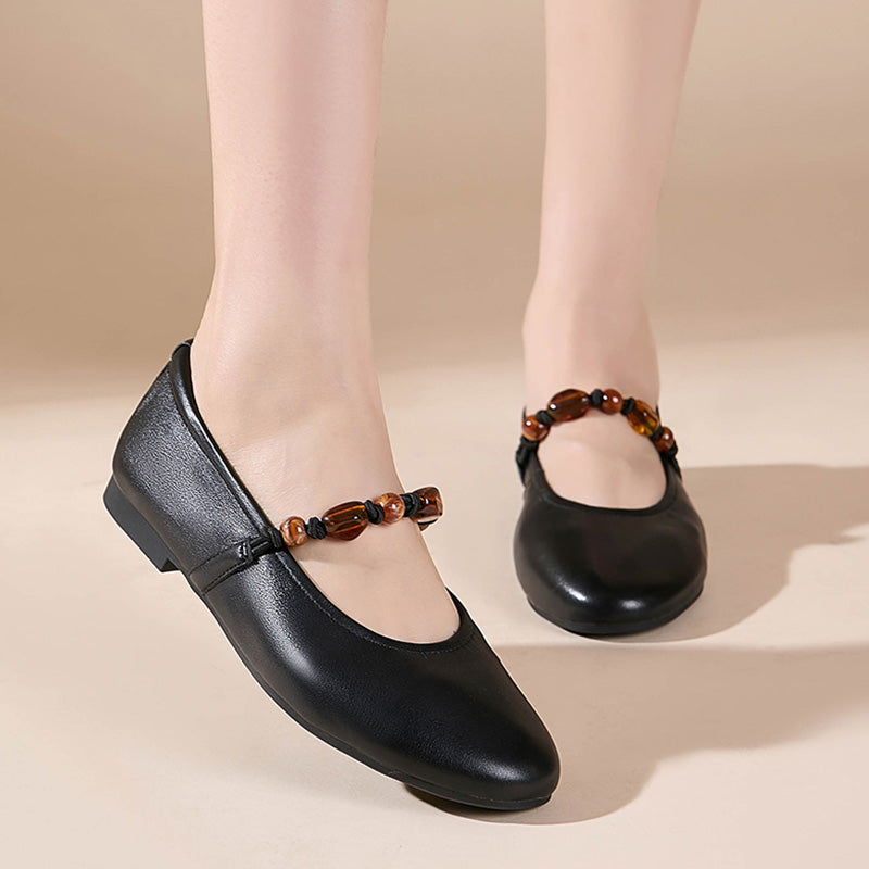 Dwarves Nappa Leather Mary Jane Flats Beaded Strap Almond Toe Ballet Shoes in Black/Light Apricot