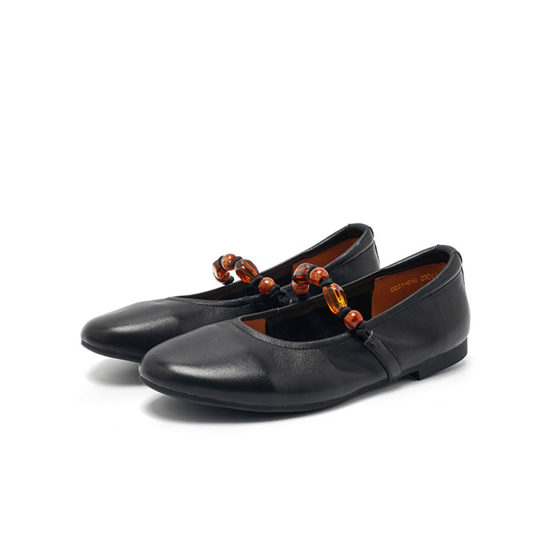 Dwarves Nappa Leather Mary Jane Flats Beaded Strap Almond Toe Ballet Shoes in Black/Light Apricot