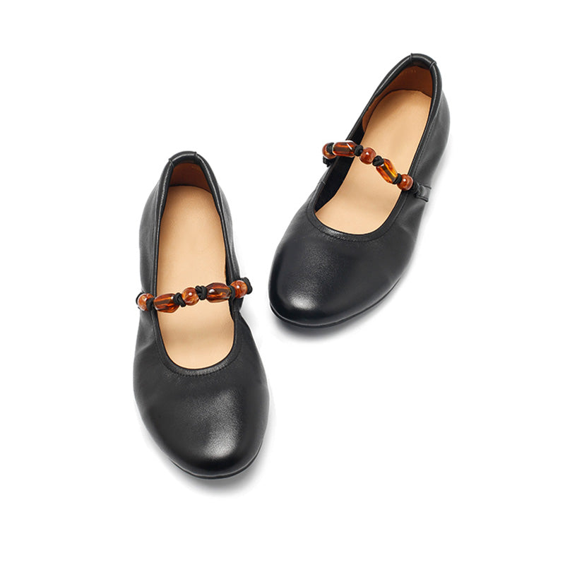 Dwarves Nappa Leather Mary Jane Flats Beaded Strap Almond Toe Ballet Shoes in Black/Light Apricot