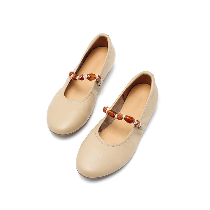 Dwarves Nappa Leather Mary Jane Flats Beaded Strap Almond Toe Ballet Shoes in Black/Light Apricot