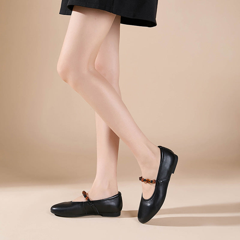Dwarves Nappa Leather Mary Jane Flats Beaded Strap Almond Toe Ballet Shoes in Black/Light Apricot