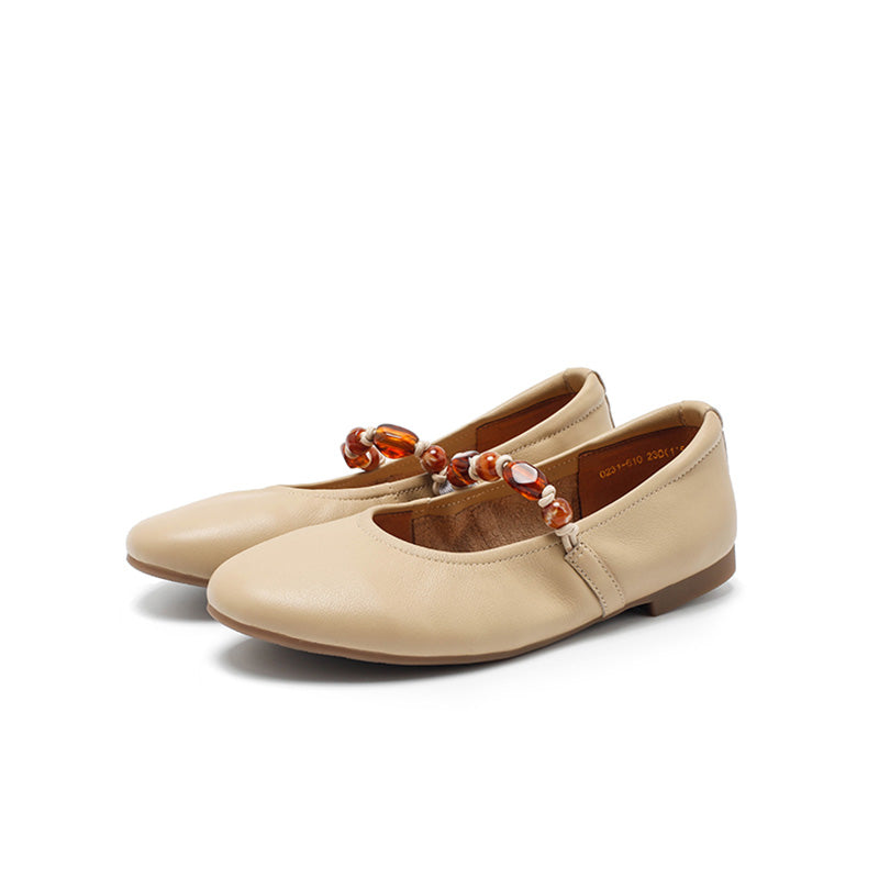 Dwarves Nappa Leather Mary Jane Flats Beaded Strap Almond Toe Ballet Shoes in Black/Light Apricot