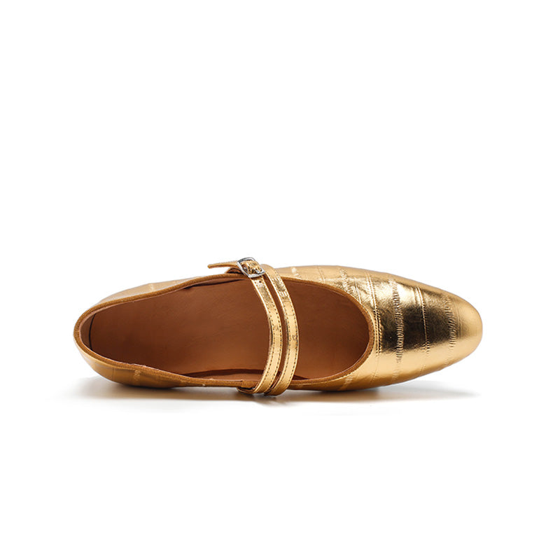 Dwarves Textured Leather Mary Jane Flats for Women Double Strap Ballet Shoes in Golden/Black/Brown