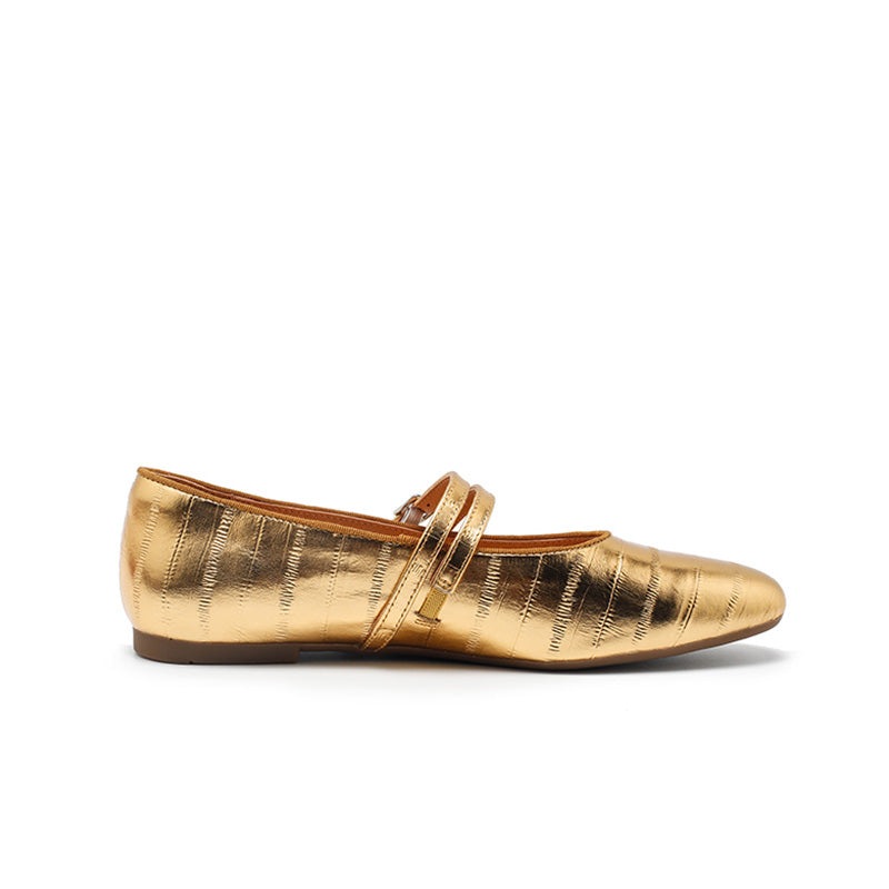 Dwarves Textured Leather Mary Jane Flats for Women Double Strap Ballet Shoes in Golden/Black/Brown