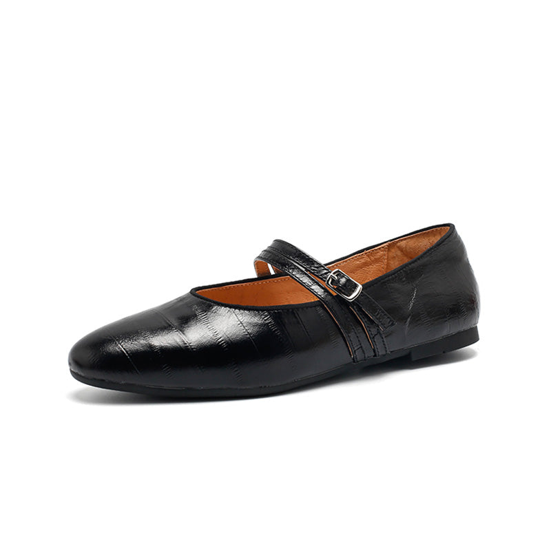 Dwarves Textured Leather Mary Jane Flats for Women Double Strap Ballet Shoes in Golden/Black/Brown