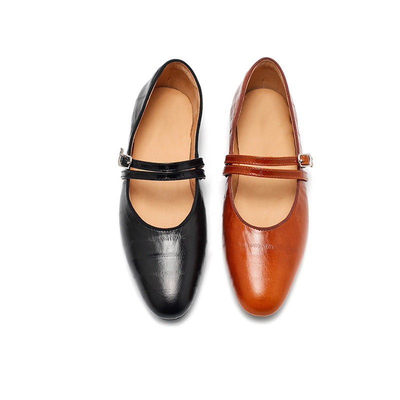 Dwarves Textured Leather Mary Jane Flats for Women Double Strap Ballet Shoes in Golden/Black/Brown