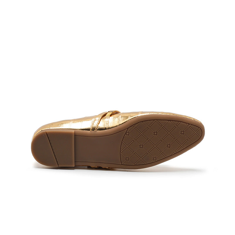 Dwarves Textured Leather Mary Jane Flats for Women Double Strap Ballet Shoes in Golden/Black/Brown